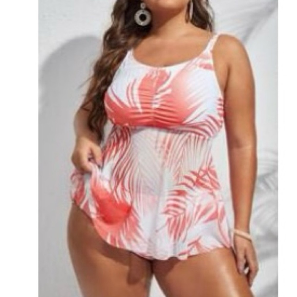 Tropical Print Swim Tankini in Coral and White